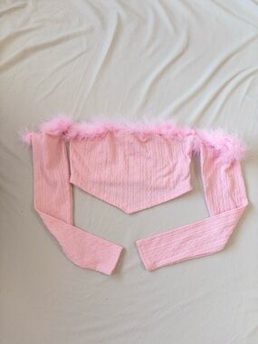 Pink Feather-Trim Off-Shoulder Crop Top